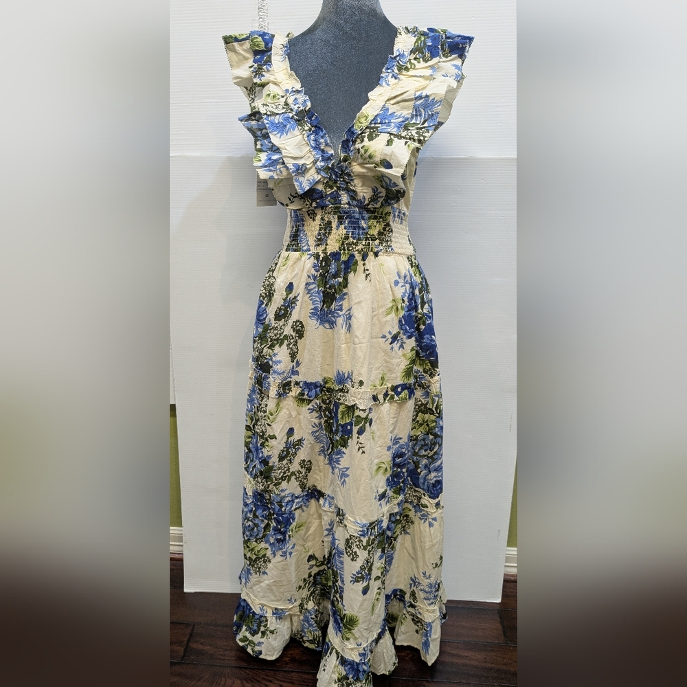0813 Caroline Constas Garden Floral Blue White Smoked Cotton Maxi Dress S  NWT